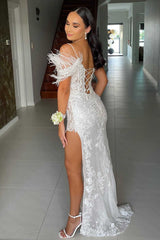 Blue Sequin Appliques Cold-Shoulder Long Prom Gown with Slit