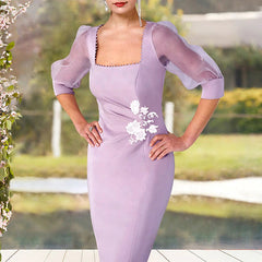 Sheath / Column Mother of the Bride Dress Elegant Square Neck Knee Length Stretch Chiffon Half Sleeve