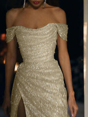 Wholesale Mermaid Evening Dresses Sparkle Wedding Dress For Reception Prom Dress Sweep / Brush Train Short Sleeve Off Shoulder Sequins with Slit
