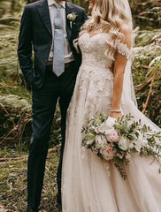 Wholesale Beach Boho Wedding Dresses A-Line Off Shoulder Cap Sleeve Court Train Lace Bridal Gowns With Appliques Solid Color