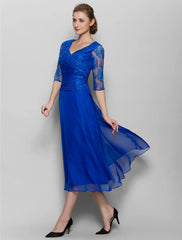 Aimishang  A-Line Mother of the Bride Dress Plus Size Elegant V Neck Tea Length Chiffon Lace Half Sleeve No with Lace Criss Cross Ruched