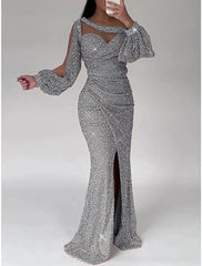 Mermaid Dress Evening Gown Champagne Gown Sparkle Sequin Dress Formal Floor Length Long Sleeve Scoop Neck with Ruched Slit