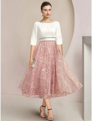 Aimishang A-Line Mother of the Bride Dress Wedding Guest Elegant Petite Scoop Neck Tea Length Chiffon Lace Half Sleeve with Sequin Ruching