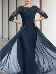 Sheath / Column Mother of the Bride Dress Wedding Guest Elegant Jewel Neck Floor Length Chiffon Lace Half Sleeve with Sequin Ruching Solid Color