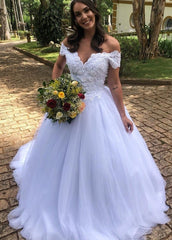Off-the-shoulder Lace Appliques A-Line White Tulle Bridal Wedding Gown