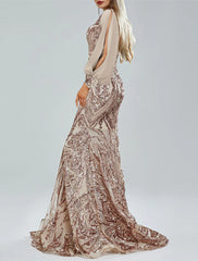 Mermaid / Trumpet Evening Gown Sparkle & Shine Dress Formal Wedding Guest Sweep / Brush Train Long Sleeve V Neck Lace with Sequin Appliques