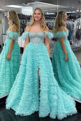 Hot Pink Cold Shoulder Beaded Feathers Tiered Long Prom Dress