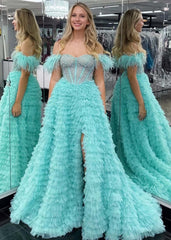 Astrid |A Line Off the Shoulder Tiered Tulle Prom Dress With Slit