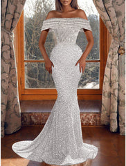Aimishang Mermaid Party Dress Evening Gown Sparkle & Shine Dress Prom Birthday Asymmetrical Short Sleeve Off Shoulder Sequined with Sequin