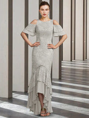 DingjiSheath / Column Mother of the Bride Dress Elegant High Low Jewel Neck Floor Length Chiffon Lace Short Sleeve with Ruffles