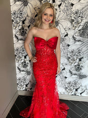 Arvin | Strapless Red Mermaid Lace Appliques Long Prom Dress with Bow