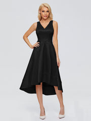 V-neck High-Low Satin Prom Dresses