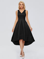 V-neck High-Low Satin Prom Dresses
