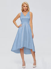 V-neck High-Low Satin Prom Dresses