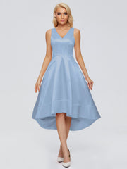 V-neck High-Low Satin Prom Dresses