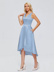 V-neck High-Low Satin Prom Dresses