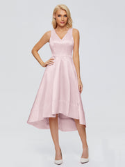 V-neck High-Low Satin Prom Dresses
