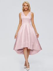V-neck High-Low Satin Prom Dresses