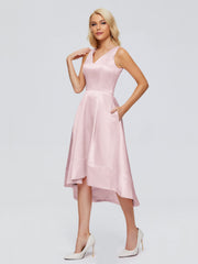 V-neck High-Low Satin Prom Dresses