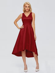 V-neck High-Low Satin Prom Dresses