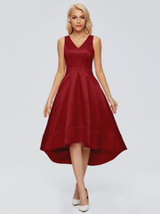 V-neck High-Low Satin Prom Dresses