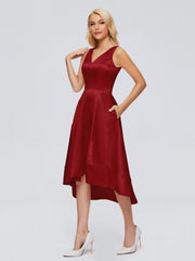 V-neck High-Low Satin Prom Dresses