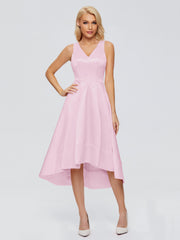 V-neck High-Low Satin Prom Dresses
