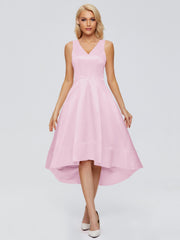 V-neck High-Low Satin Prom Dresses