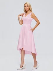 V-neck High-Low Satin Prom Dresses