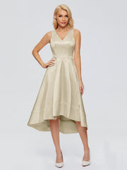 V-neck High-Low Satin Prom Dresses