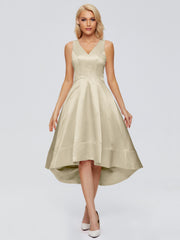V-neck High-Low Satin Prom Dresses