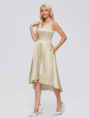 V-neck High-Low Satin Prom Dresses