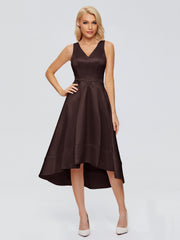 V-neck High-Low Satin Prom Dresses