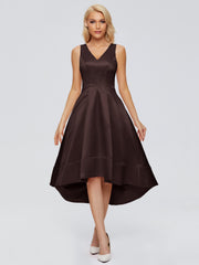 V-neck High-Low Satin Prom Dresses