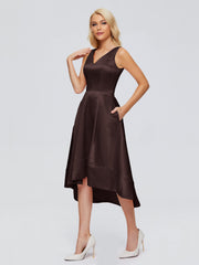 V-neck High-Low Satin Prom Dresses