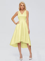 V-neck High-Low Satin Prom Dresses