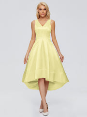 V-neck High-Low Satin Prom Dresses
