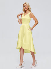 V-neck High-Low Satin Prom Dresses