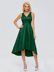 V-neck High-Low Satin Prom Dresses