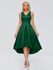 V-neck High-Low Satin Prom Dresses