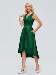 V-neck High-Low Satin Prom Dresses