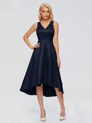 V-neck High-Low Satin Prom Dresses