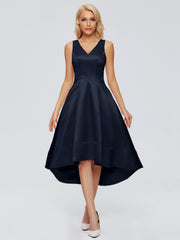 V-neck High-Low Satin Prom Dresses
