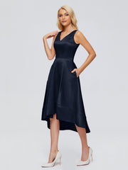 V-neck High-Low Satin Prom Dresses