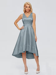 V-neck High-Low Satin Prom Dresses