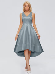 V-neck High-Low Satin Prom Dresses