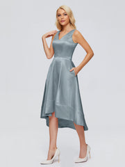 V-neck High-Low Satin Prom Dresses