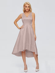 V-neck High-Low Satin Prom Dresses