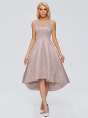 V-neck High-Low Satin Prom Dresses