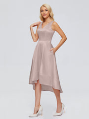 V-neck High-Low Satin Prom Dresses